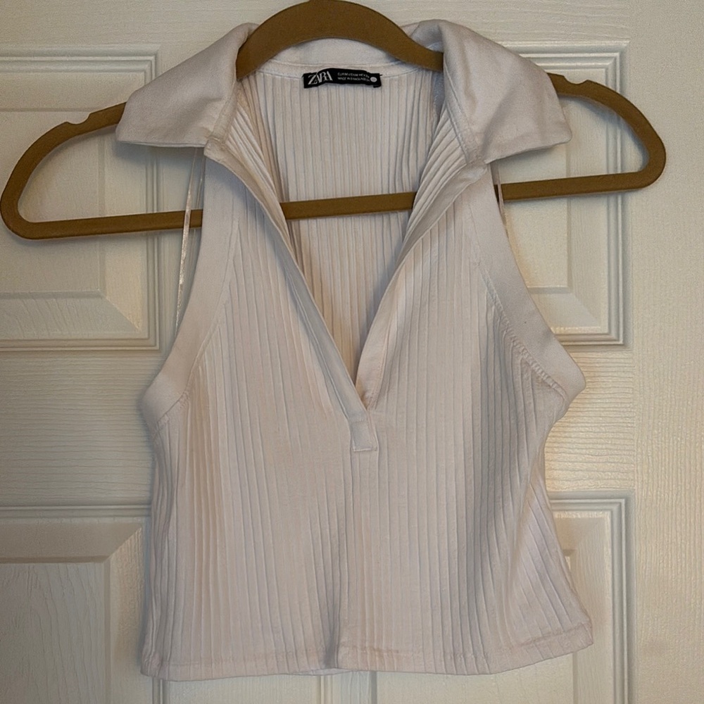 Zara White Sleeveless Collared Top